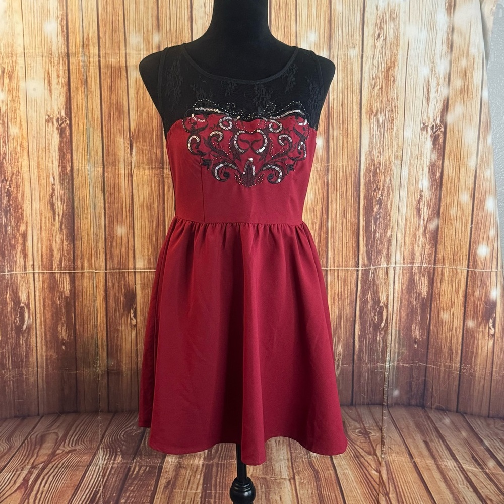 Forever 21 Women’s Wine Lace Mesh Fit and Flare Dress Vintage Style Size Large